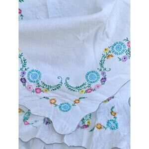 Vintage 70's 100% Linen Tablecloth White MOD Floral Embroidered Colorful 65 x 82